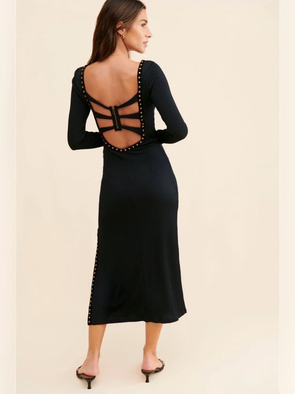 Free People Simone Midi Dress Black Long Sleeve Open Back Size XS